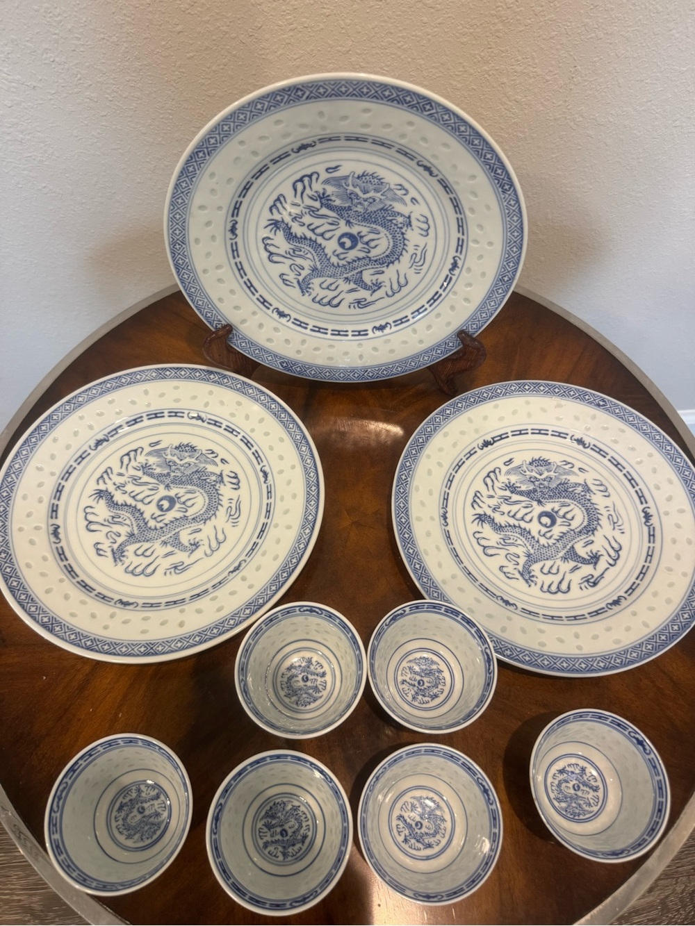 3 Jingdezhen Porcelain Dinner Plates 9” 6 Matching Porcelain Rice Bowls Dragon - Picture 10 of 16